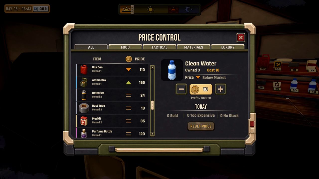 The Price Control panel lists stock, prices and market comparison.