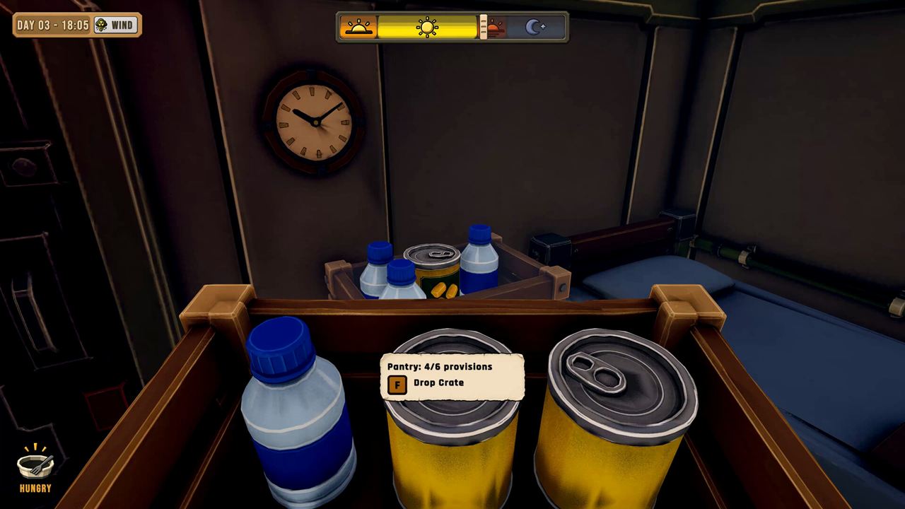 The bunker pantry with water and canned food.